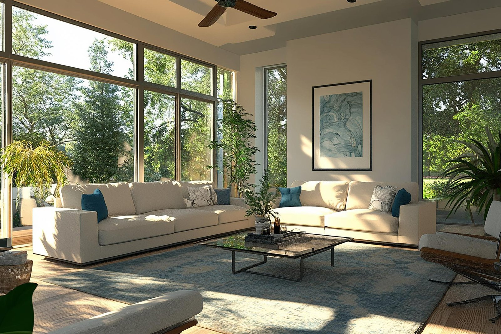 Bright contemporary living space with large windows