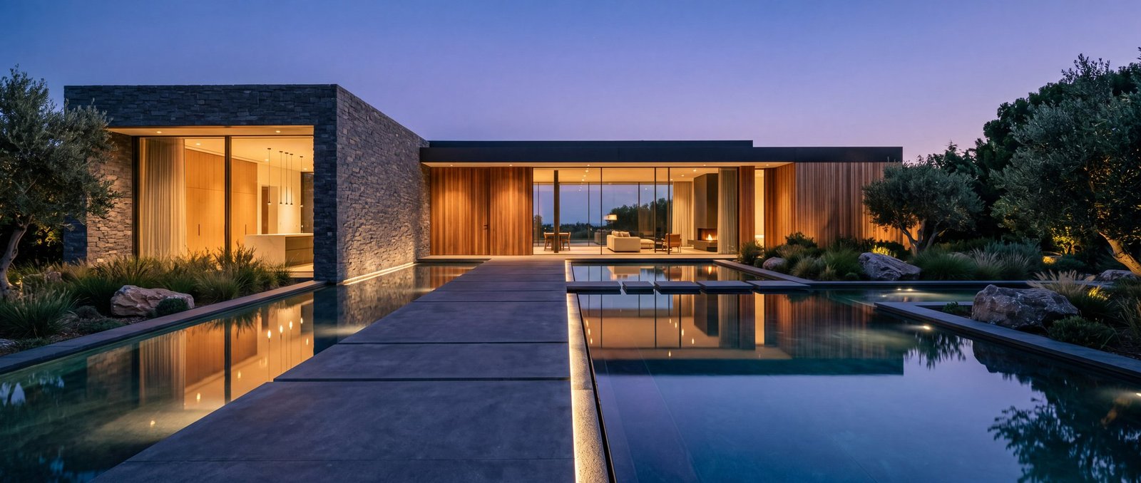 Contemporary residence with an illuminated pool at dusk