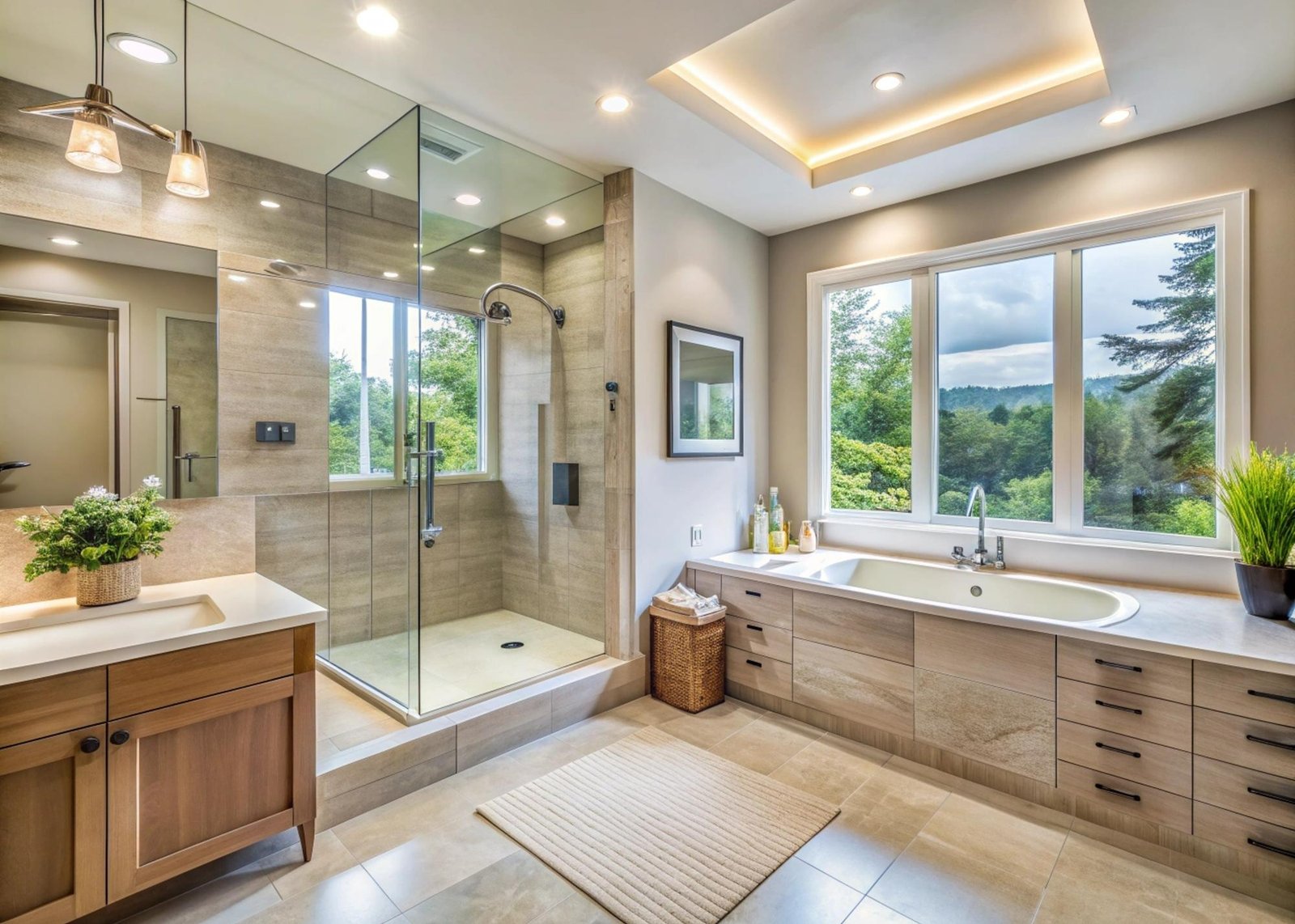 Contemporary bathroom with a glass shower and built-in bathtub
