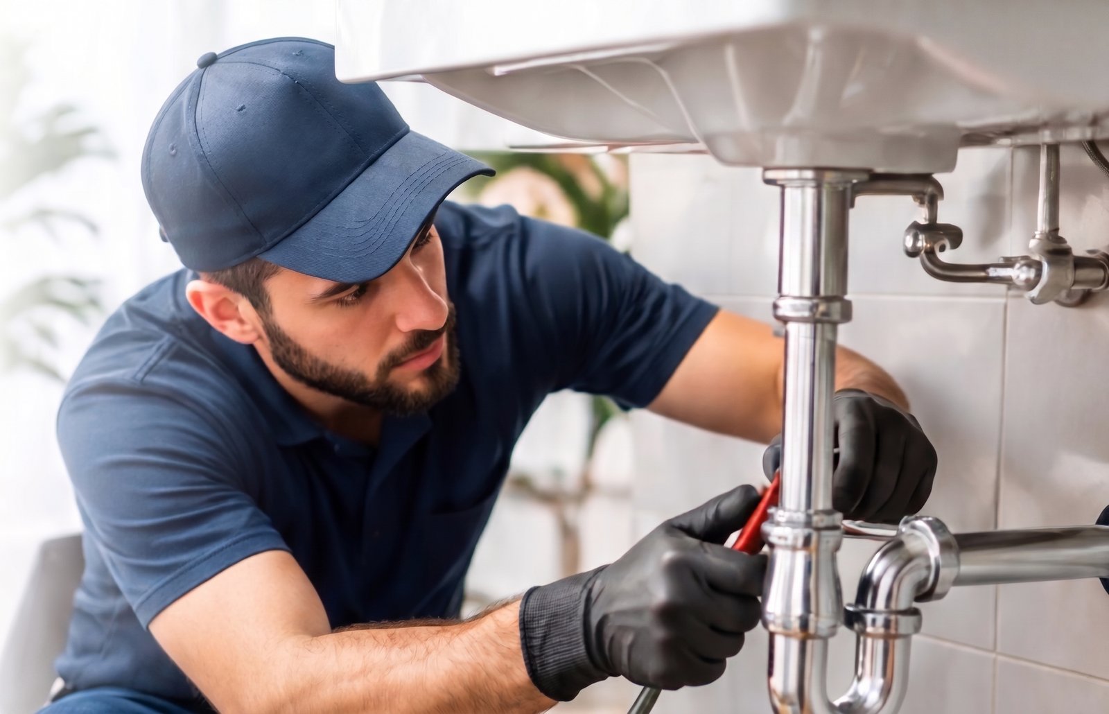 Plumbing professional working beneath a residential sink